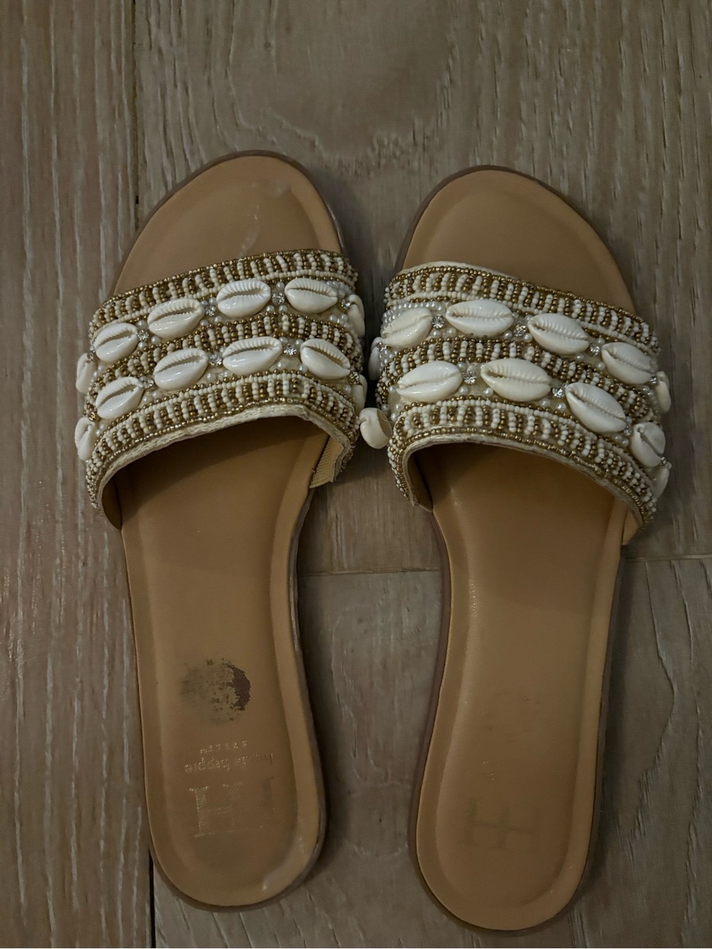 Haute Hippie Tan Slide Sandals with White Shell Bead Trim